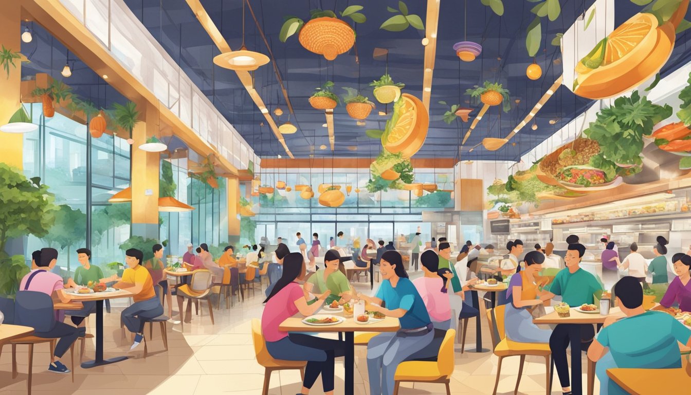 A bustling food court with colorful dishes and lively chefs at Orchard Central. The aroma of various cuisines fills the air as customers enjoy their meals