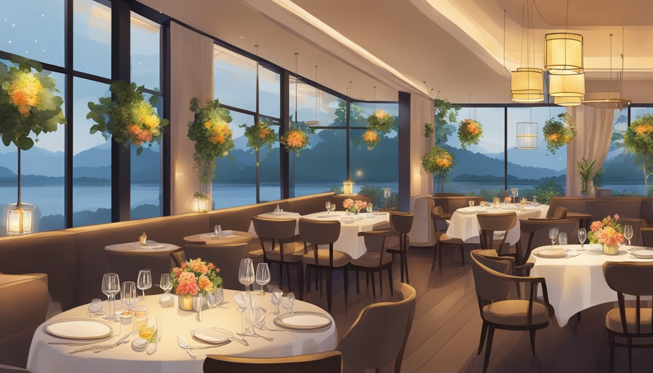The restaurant is filled with warm lighting and cozy seating, creating a welcoming and intimate atmosphere. The tables are elegantly set with sparkling glassware and fresh flowers, while the aroma of delicious food fills the air