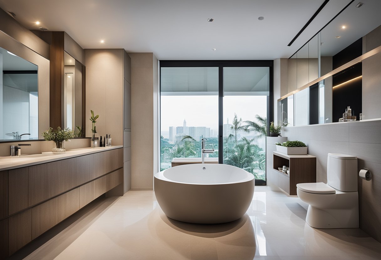 A modern toilet and bath design with sleek fixtures and ample storage, featuring a spacious shower and luxurious bathtub for the master's bedroom