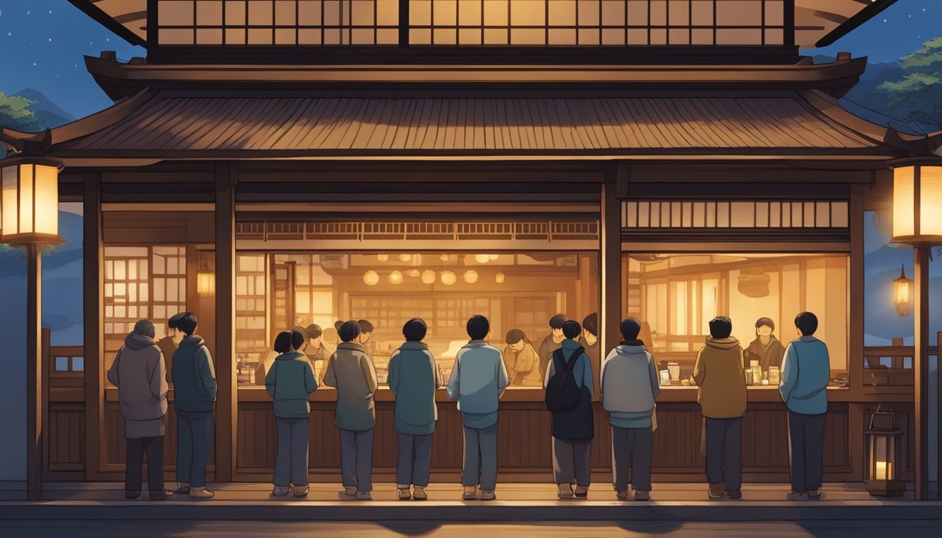Customers line up outside Miz Japanese restaurant, eagerly waiting to taste the renowned cuisine. The warm glow of the lanterns illuminates the traditional wooden facade, creating a welcoming atmosphere