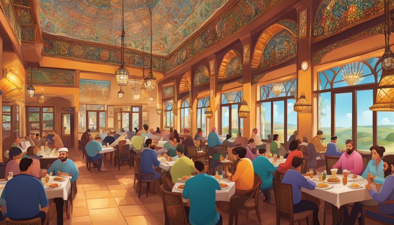 A bustling Turkish restaurant with ornate decor and vibrant colors. Tables are filled with delicious dishes and patrons enjoying their meals