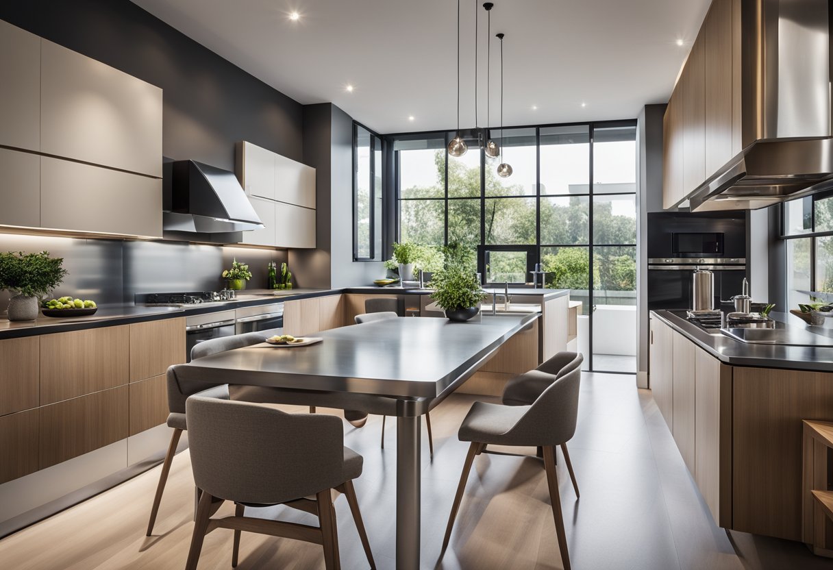 A sleek, modern modular kitchen with an attached dining area. The kitchen features clean lines, stainless steel appliances, and ample storage space. The dining area includes a stylish table and chairs, with natural light pouring in from large windows