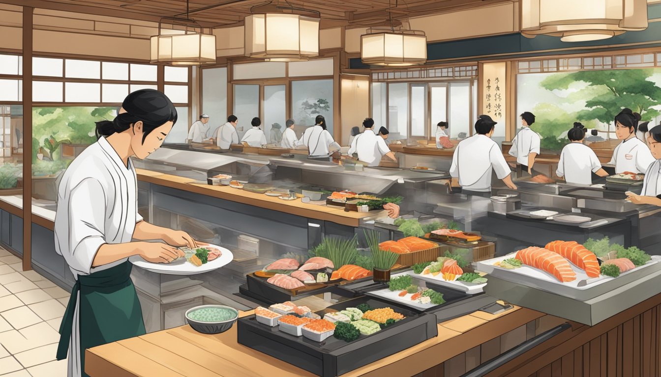 A bustling Japanese restaurant with customers enjoying sushi and sashimi. The chef prepares dishes behind the counter, while servers attend to tables. The atmosphere is lively and inviting