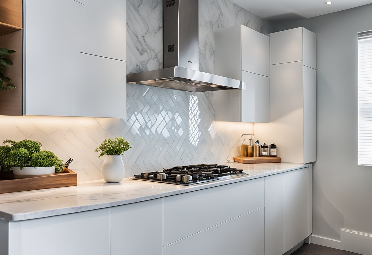 A modern acrylic kitchen with sleek cabinets, stainless steel appliances, and a marble countertop. Bright natural light floods the space, highlighting the clean lines and minimalist design