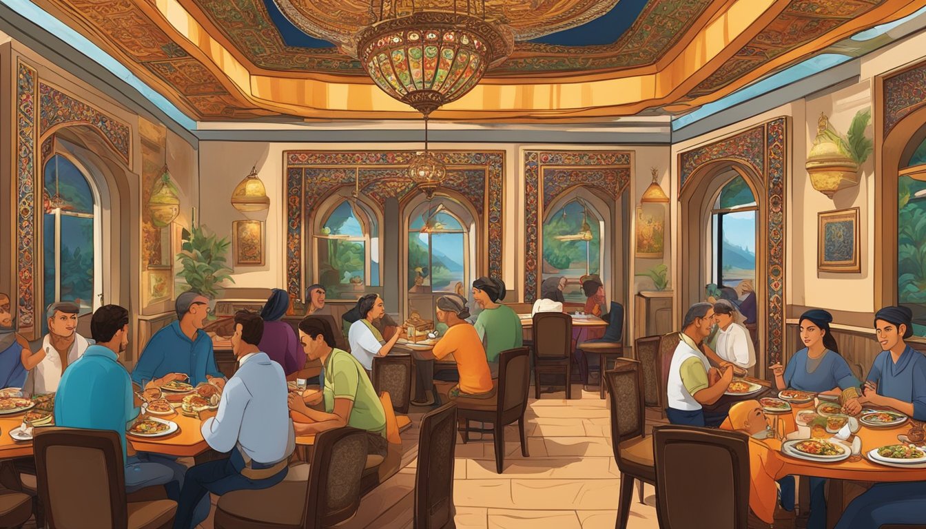 Customers enjoying traditional Turkish cuisine in a vibrant, ornately decorated restaurant. A rich aroma fills the air as diners savor their flavorful dishes
