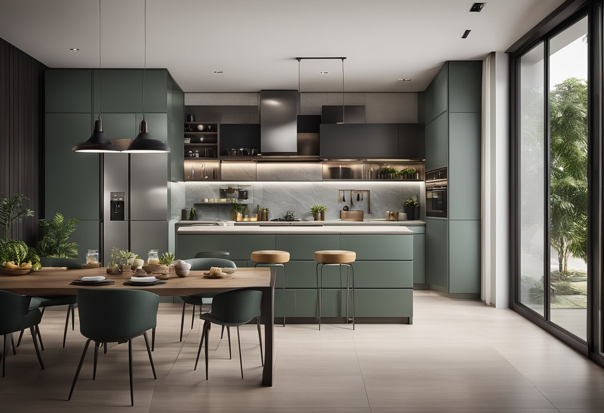 A spacious modular kitchen with sleek cabinets and a central island, seamlessly connected to a stylish dining area with a large table and comfortable chairs