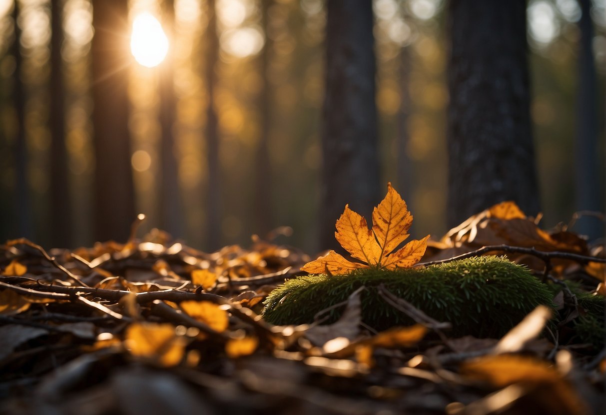 Sunset illuminates a forest clearing, casting a warm glow on a pair of amber eyes peering out from the shadows. Fallen leaves and branches create a rustic backdrop for the rare sight