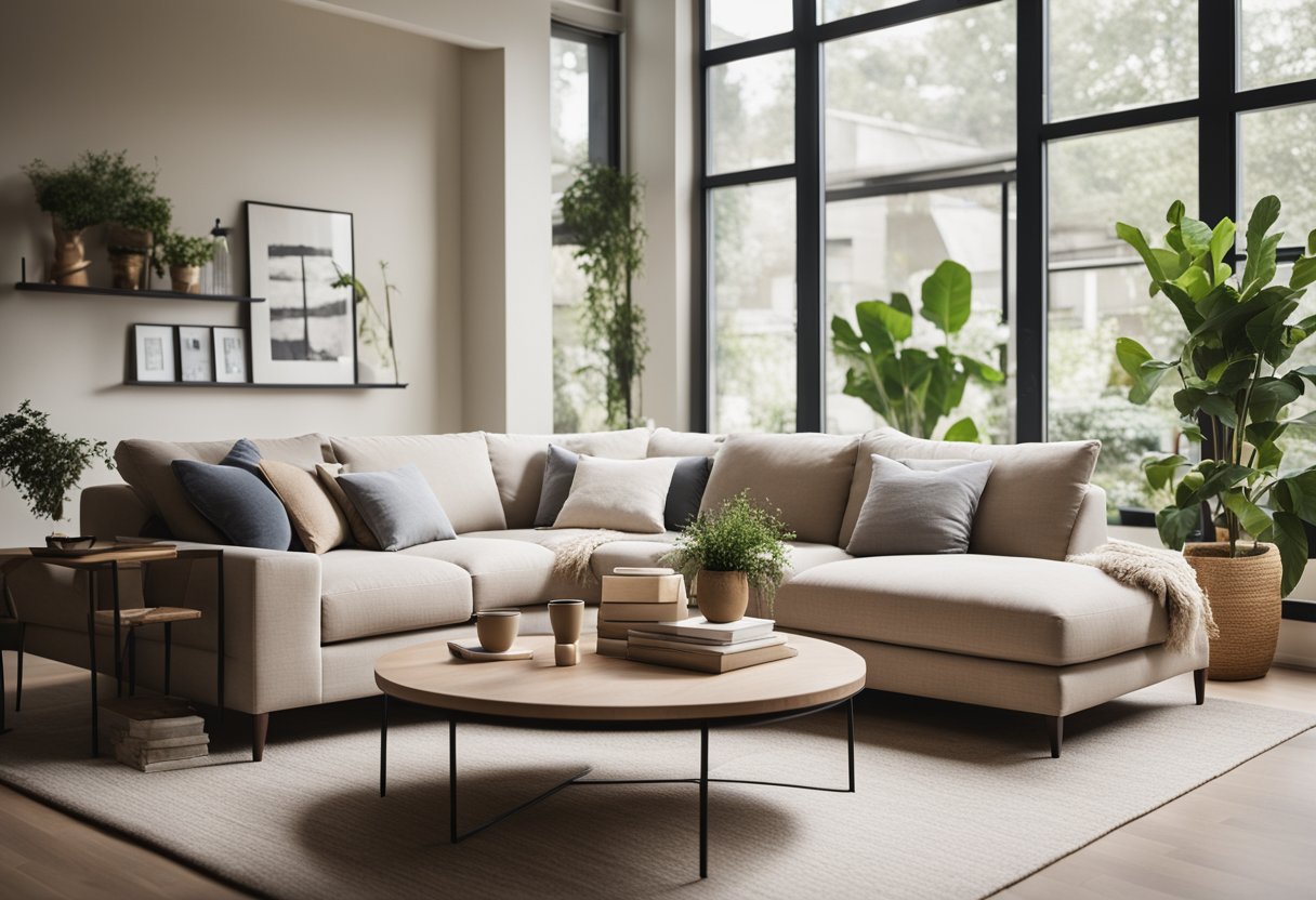 A cozy small living room with a neutral color palette, a comfortable sectional sofa, a stylish coffee table, and plenty of natural light streaming in from large windows