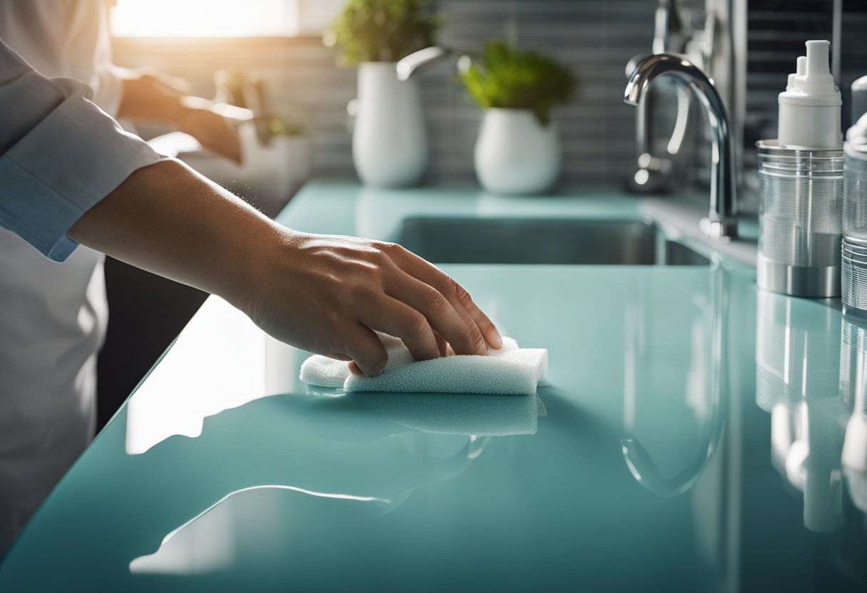 A person carefully wipes down and polishes the glossy surface of acrylic kitchen cabinets, ensuring they remain clean and free of smudges and fingerprints