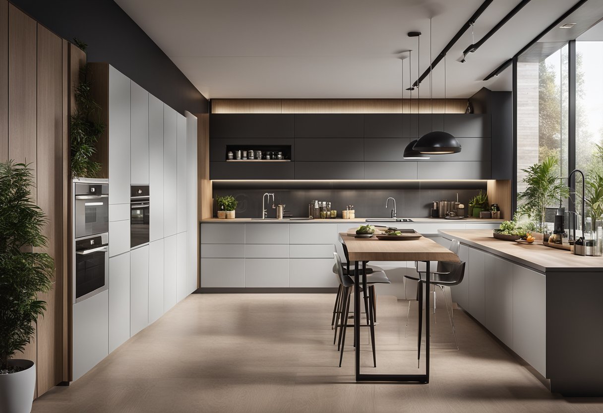 A sleek, modern modular kitchen seamlessly transitions into a stylish dining area, with clean lines and integrated storage solutions