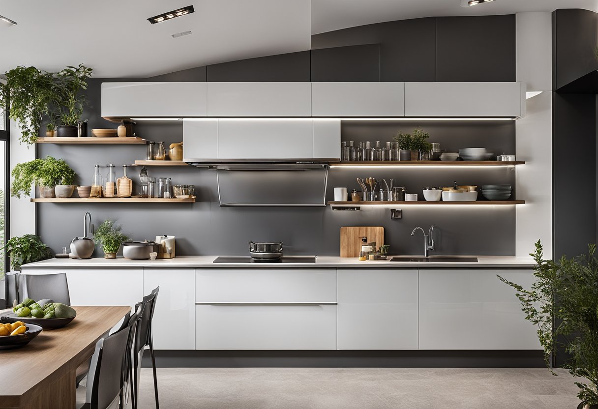 A modern kitchen with sleek acrylic cabinets, clean lines, and minimalistic design. Shelves neatly organized with various kitchen items