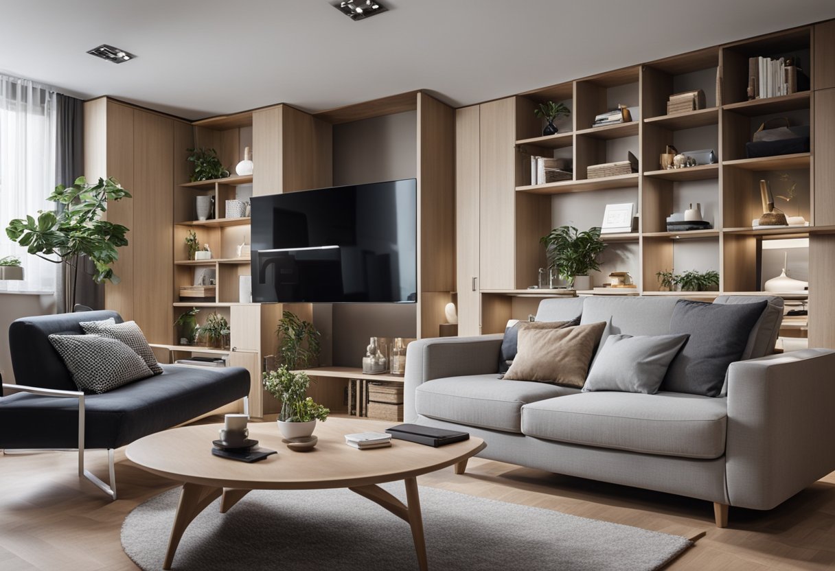 A small living room with clever storage solutions and modern furniture, creating a stylish and functional space
