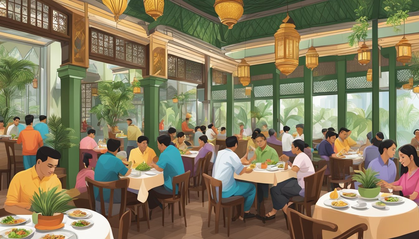 The bustling Zam Zam Restaurant in Singapore, with colorful decor and aromatic dishes, filled with diners enjoying traditional Malay and Indian cuisine