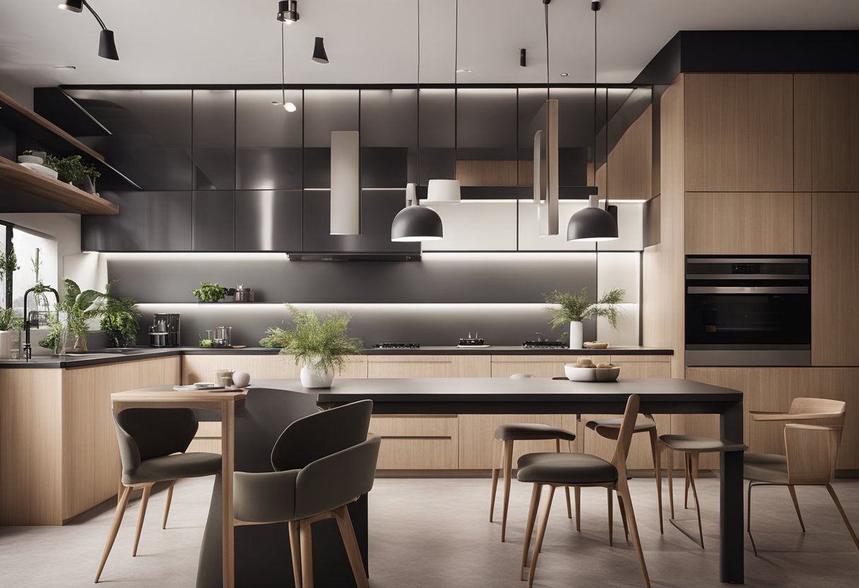 A modern kitchen with a sleek modular design seamlessly integrated with a stylish dining area, featuring clean lines and functional storage solutions