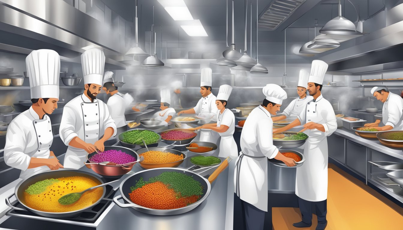 A bustling restaurant kitchen with chefs preparing aromatic dishes, colorful spices, and sizzling pans, creating an atmosphere of culinary creativity and energy
