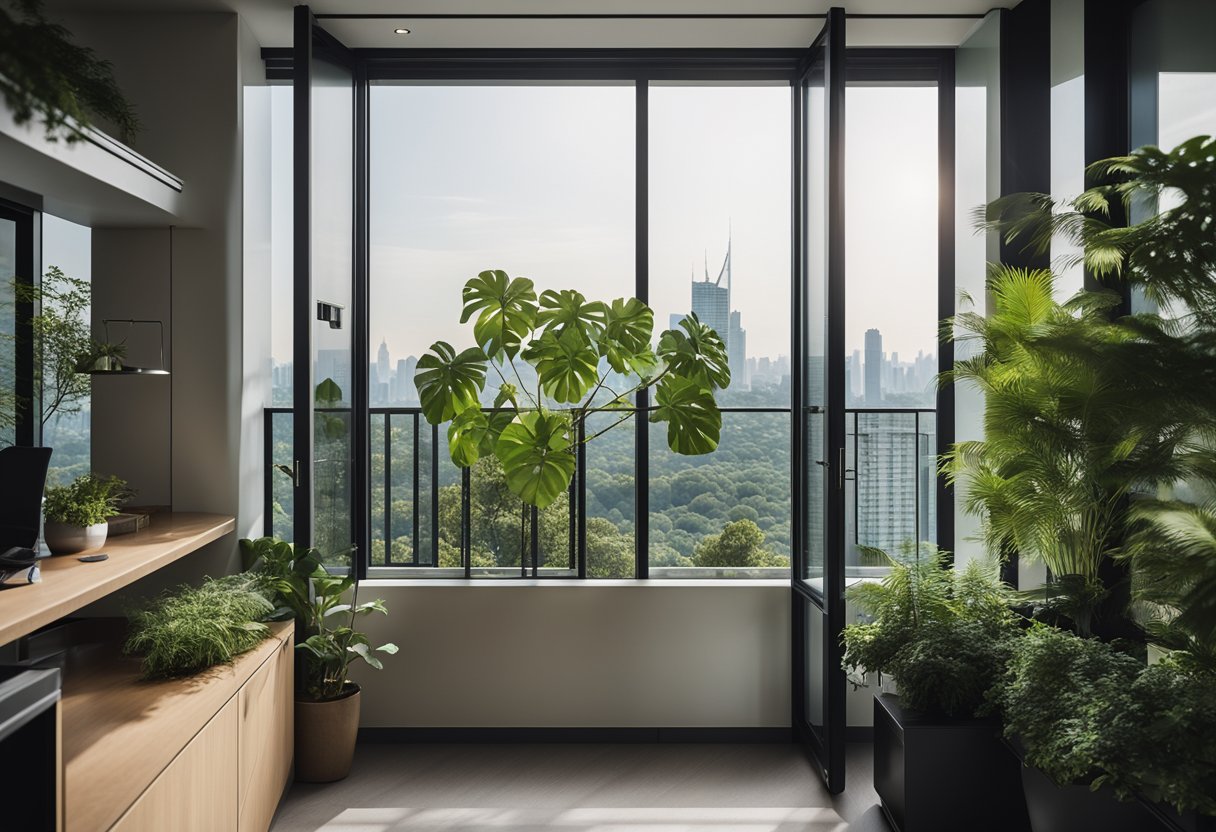 A sleek, modern balcony cupboard with glass doors and steel handles, nestled against a backdrop of lush green plants and a city skyline