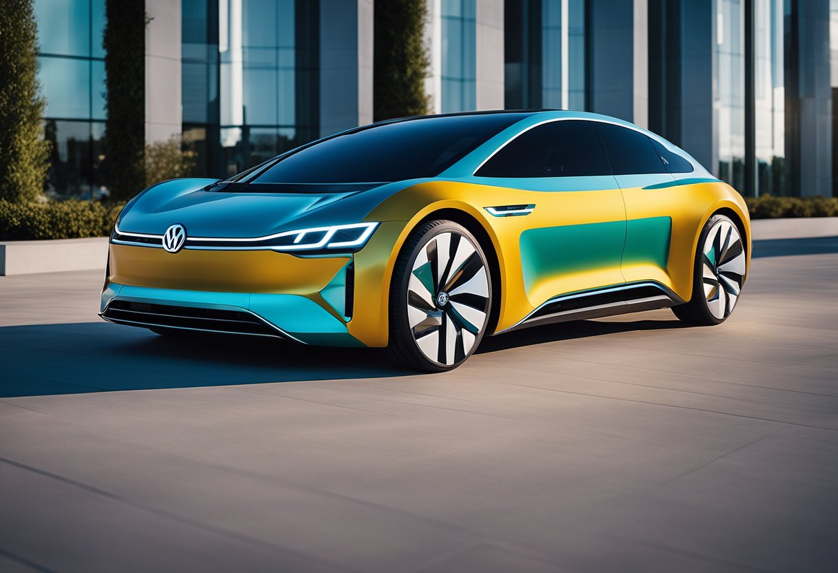 A Volkswagen Family EV transformed into a sleek, futuristic wearable fashion piece. The car's smooth lines and dynamic curves are accentuated, with vibrant colors and high-tech details