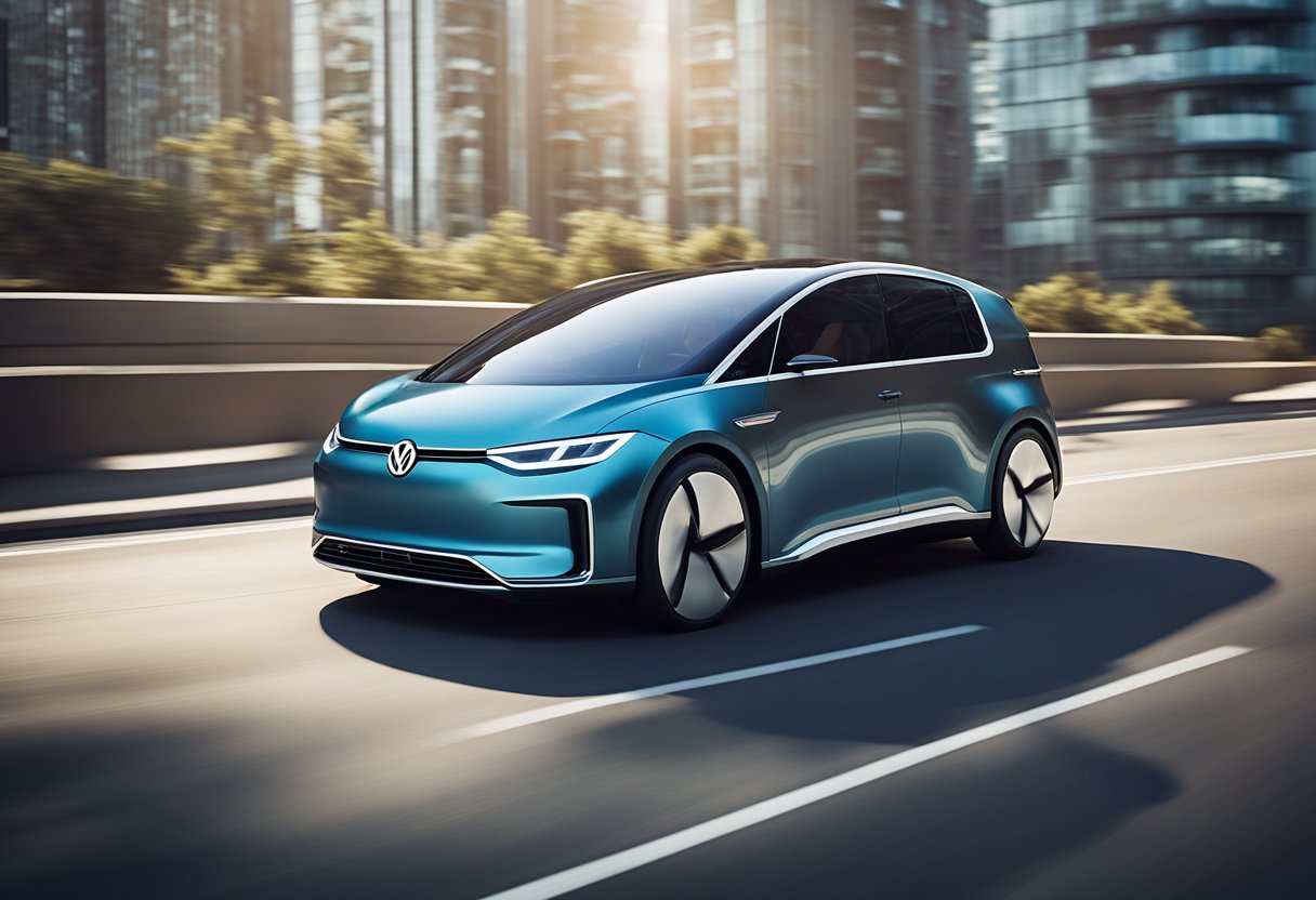 A Volkswagen Family EV transformed into a sleek, futuristic wearable fashion piece, with bold lines and dynamic shapes, merging technology and style seamlessly