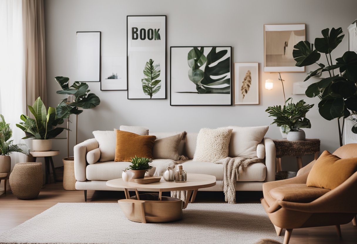 A cozy living room with modern furniture, warm lighting, and personalized decor. Textured throw pillows, potted plants, and a gallery wall add personality
