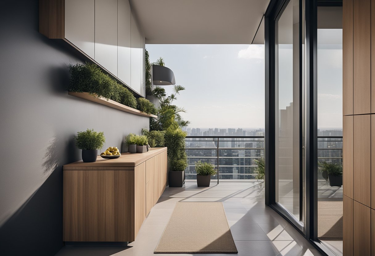 A sleek, modern balcony with a cleverly designed storage cupboard, maximizing space and functionality