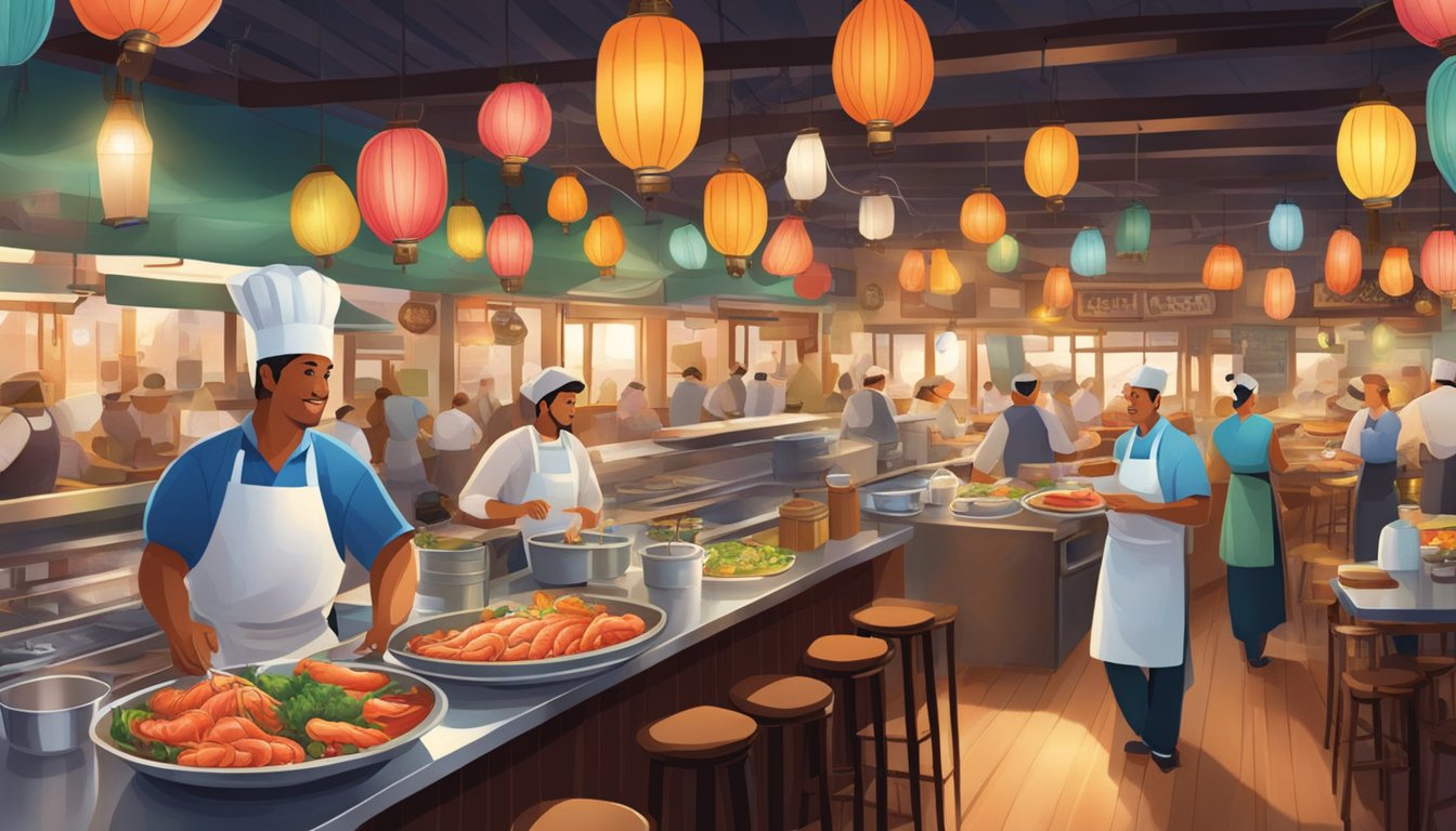 A bustling seafood restaurant with colorful lanterns, bustling tables, and a lively atmosphere. The aroma of fresh seafood fills the air as chefs prepare dishes in an open kitchen
