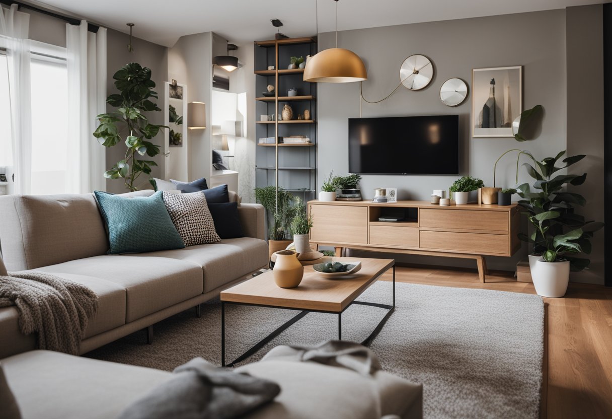 A cozy small living room with versatile furniture, clever storage solutions, and pops of color to maximize space and create a welcoming atmosphere