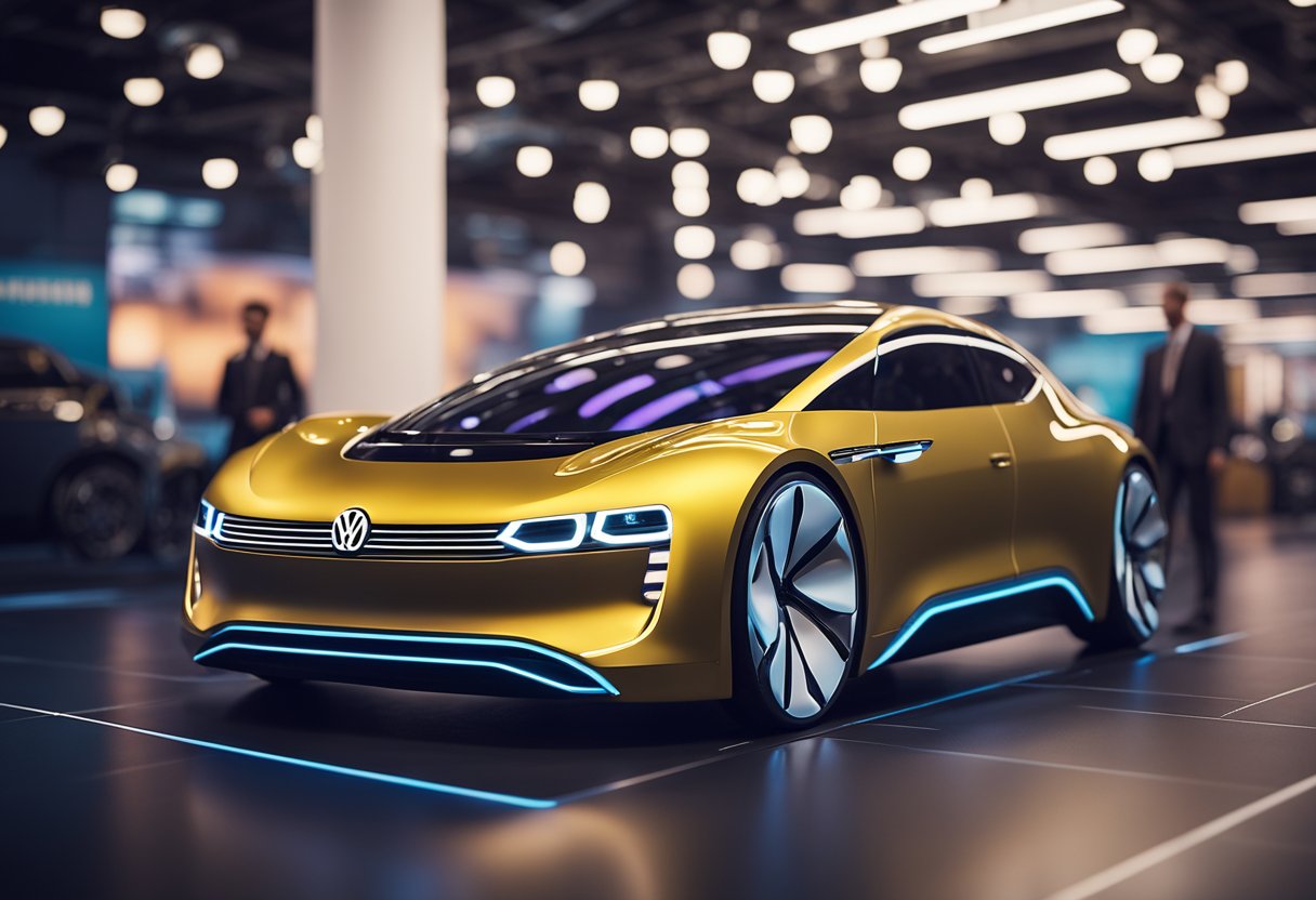 A Volkswagen EV is transformed into stylish wearable fashion by ID.Artified. The car is surrounded by a futuristic, high-tech environment with sleek, metallic elements and bold, vibrant colors