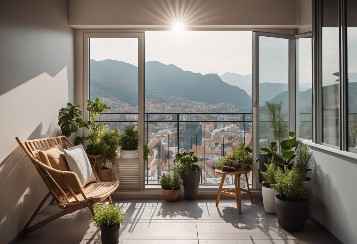 A cozy balcony with a stylish and functional cupboard, adorned with potted plants and comfortable seating, overlooking a scenic view