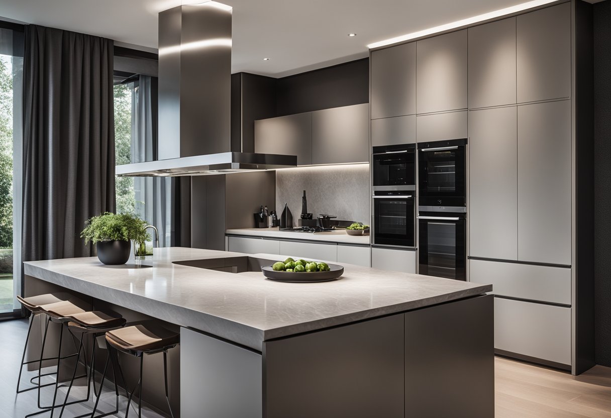 A sleek Siematic kitchen with modern cabinetry, integrated appliances, and a spacious island with a waterfall countertop