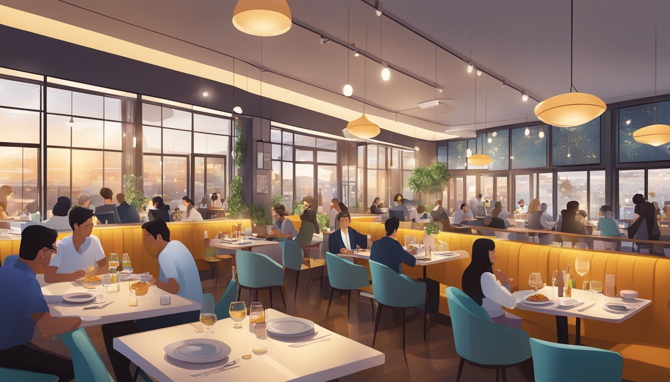 The bustling amk hub restaurant, filled with diners chatting and enjoying their meals, is adorned with modern decor and ambient lighting