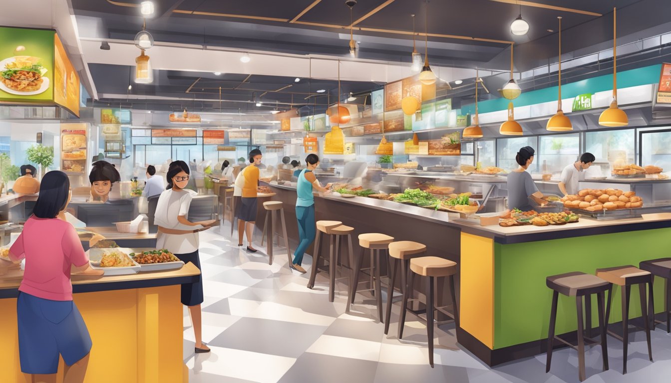 A bustling food court filled with diverse cuisines and vibrant displays of culinary delights at AMK Hub