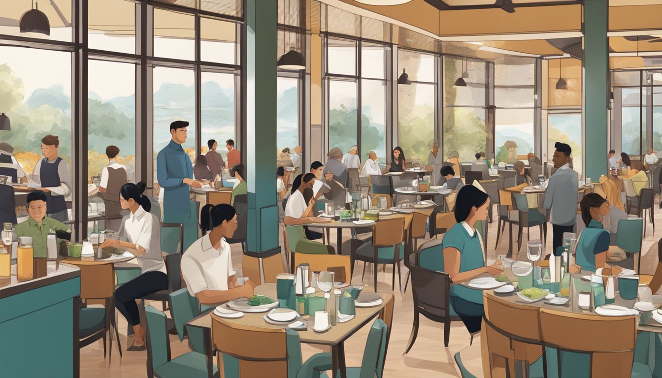Customers dining at AMK Hub restaurant, with waitstaff serving food and drinks. Tables and chairs arranged neatly, with a bustling atmosphere