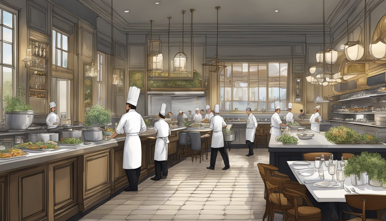 A bustling kitchen with chefs preparing gourmet dishes, while servers attend to elegantly set tables in the stylish dining room of Mackenzie Rex Restaurant