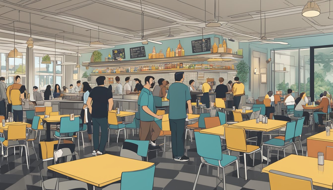 Customers line up at AMK Hub restaurant, reading a sign that says "Frequently Asked Questions" in bold letters. Tables and chairs fill the space, with a busy atmosphere