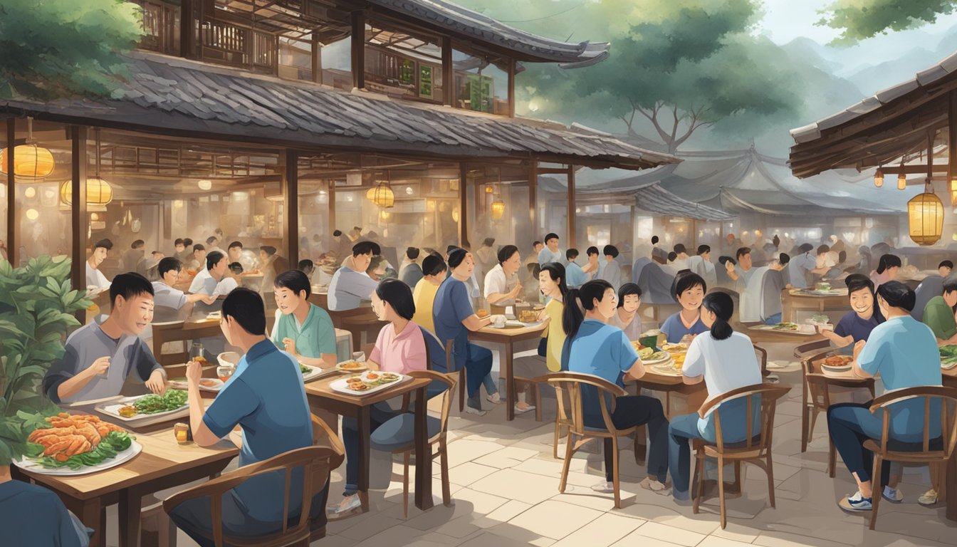 A bustling seafood restaurant in Yi Jia Village, with customers enjoying their meals and staff serving dishes with a smile