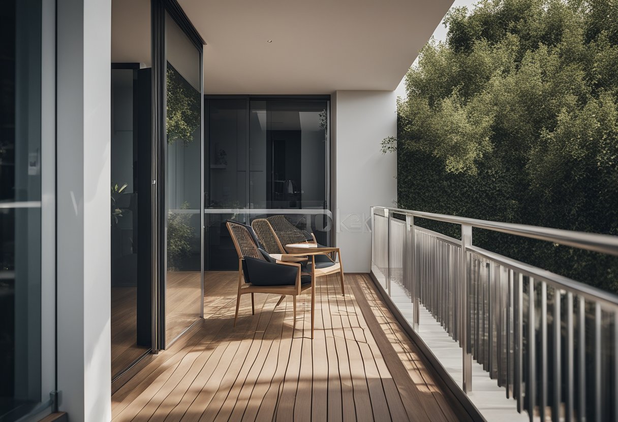 A balcony with a sleek, modern cupboard design. Clean lines, minimalist style, and functional storage space