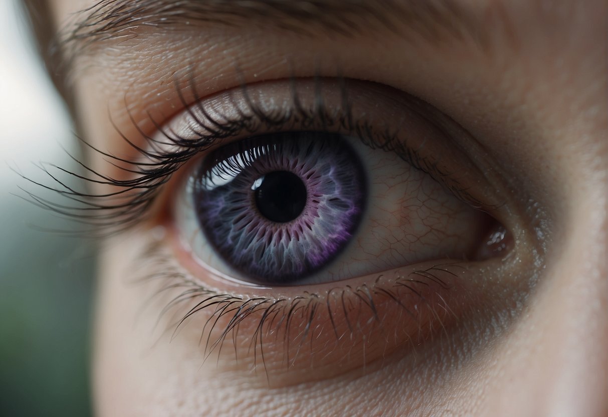 A close-up view of a purple eye, showing the iris and pupil in detail, with subtle variations in color and shading