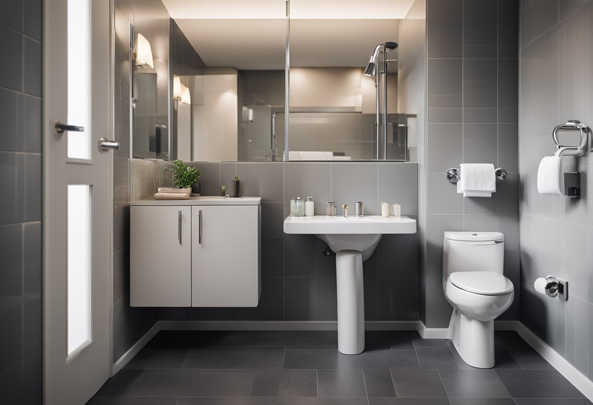 A spacious and well-lit bathroom with grab bars, raised toilet seat, and easily accessible toilet paper holder