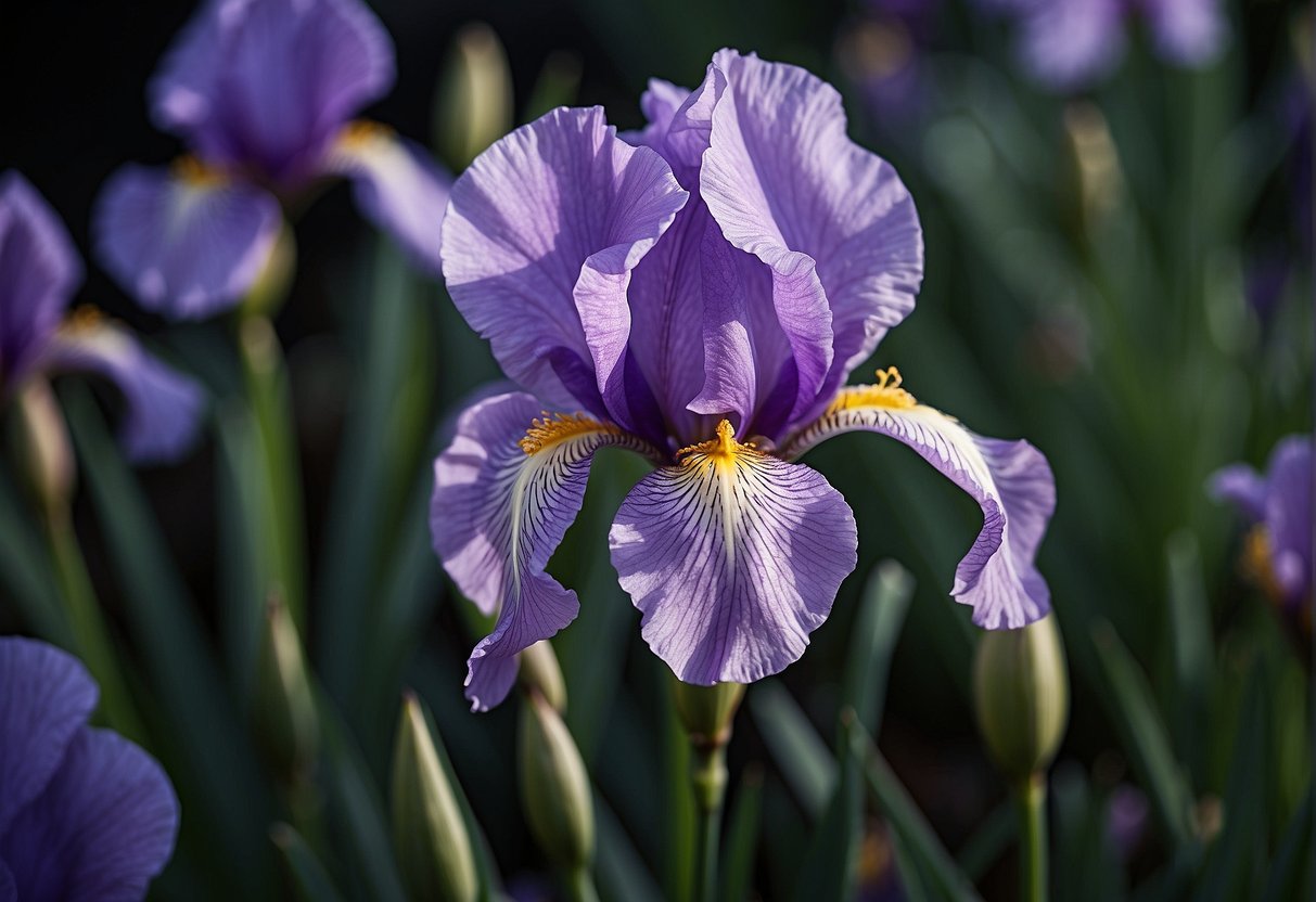 A close-up of a purple iris with intricate patterns and shades of lavender and violet, reflecting light in a mesmerizing way