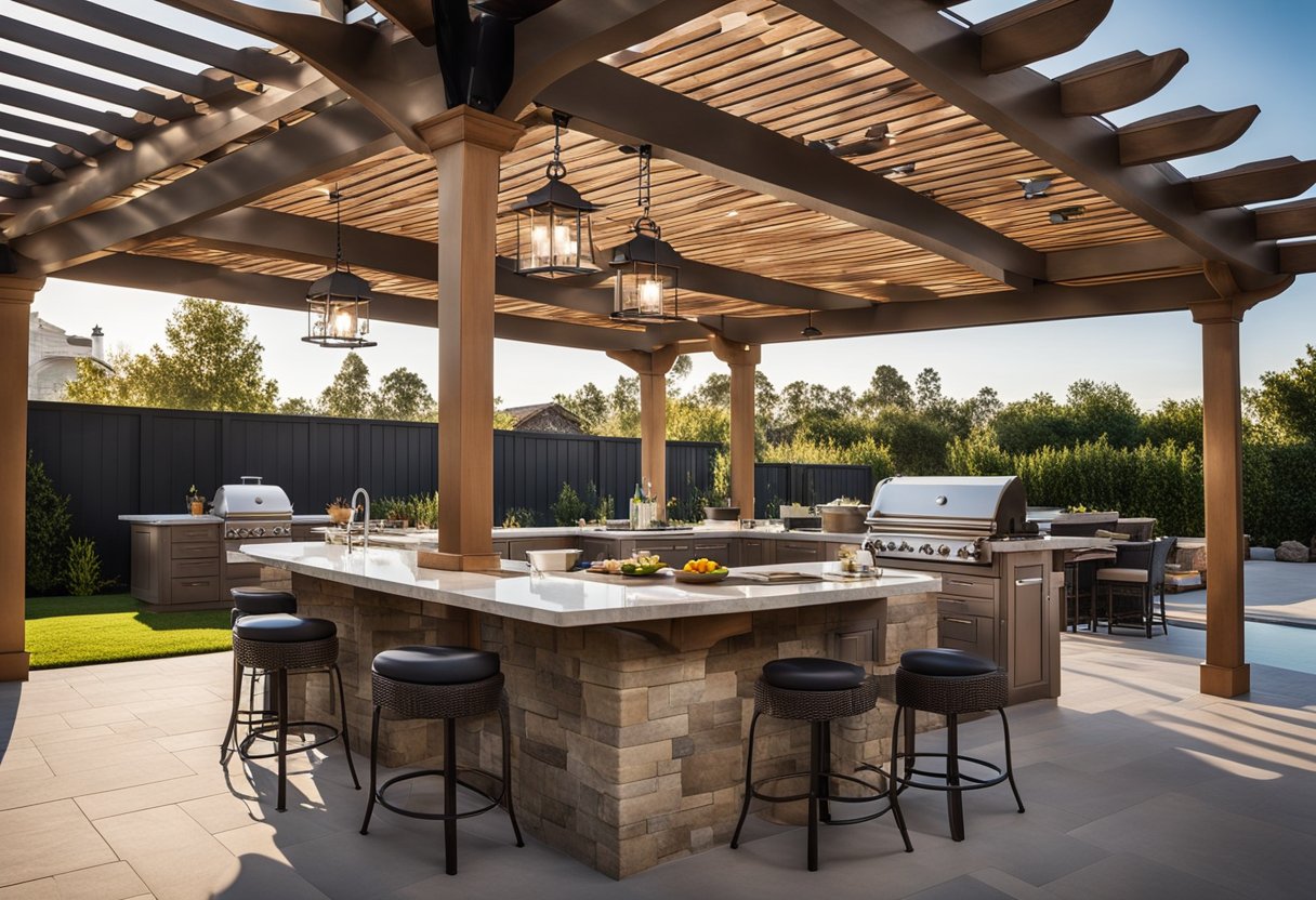A spacious outdoor kitchen with a large stone island, stainless steel appliances, and a built-in grill under a pergola with hanging lights