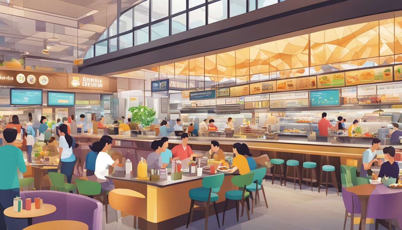 A bustling array of Changi Airport restaurants, with colorful signage and diverse cuisines, filled with travelers and staff