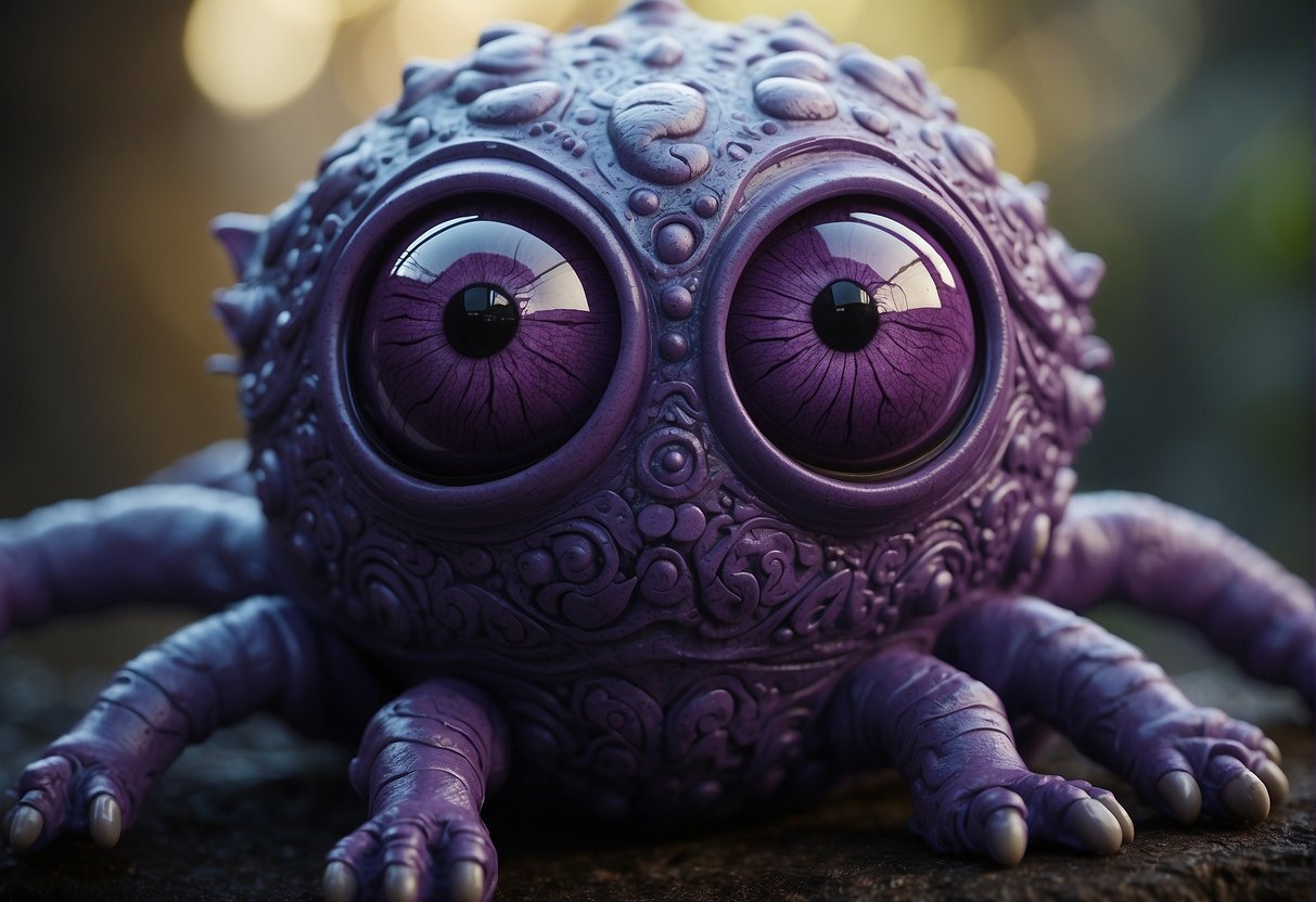 A purple-eyed creature surrounded by swirling, chaotic patterns, conveying the concept of disorders and conditions