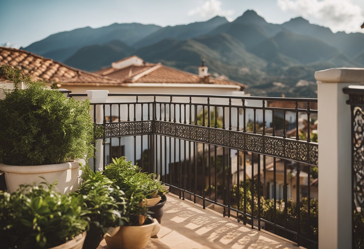 A sloped, tiled roof extends over a spacious balcony with ornate railing and hanging plants