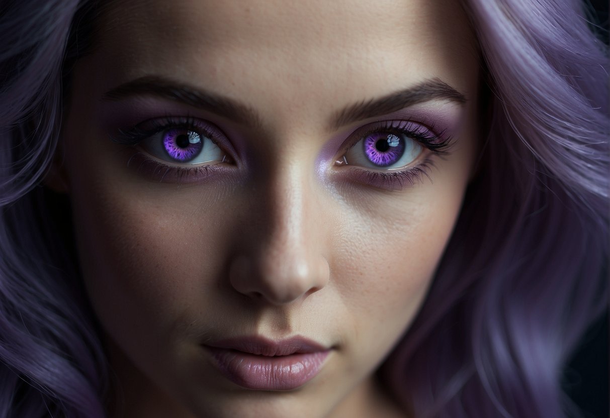 A mesmerizing pair of purple eyes glistened in the dim light, their hue shifting from deep violet to soft lavender, capturing the attention of all who gazed upon them