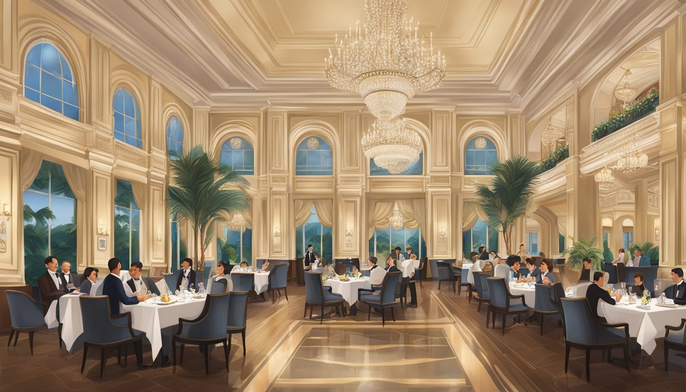 The elegant Raffles Hotel restaurant features ornate decor and a grand chandelier, with diners enjoying fine dining and impeccable service