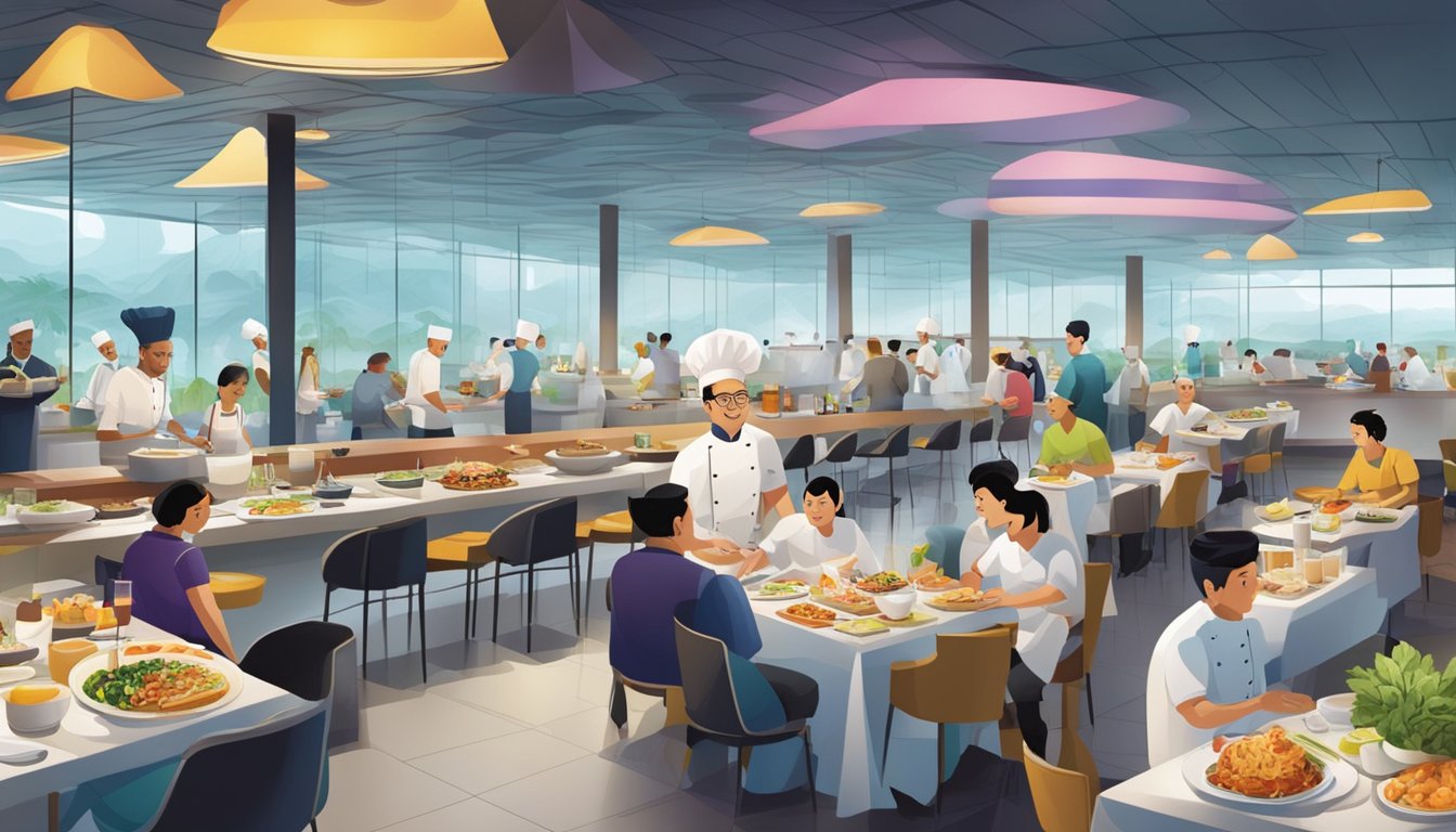 A bustling array of international cuisine at Changi Airport, with chefs preparing dishes and diners enjoying their meals in a vibrant, modern setting