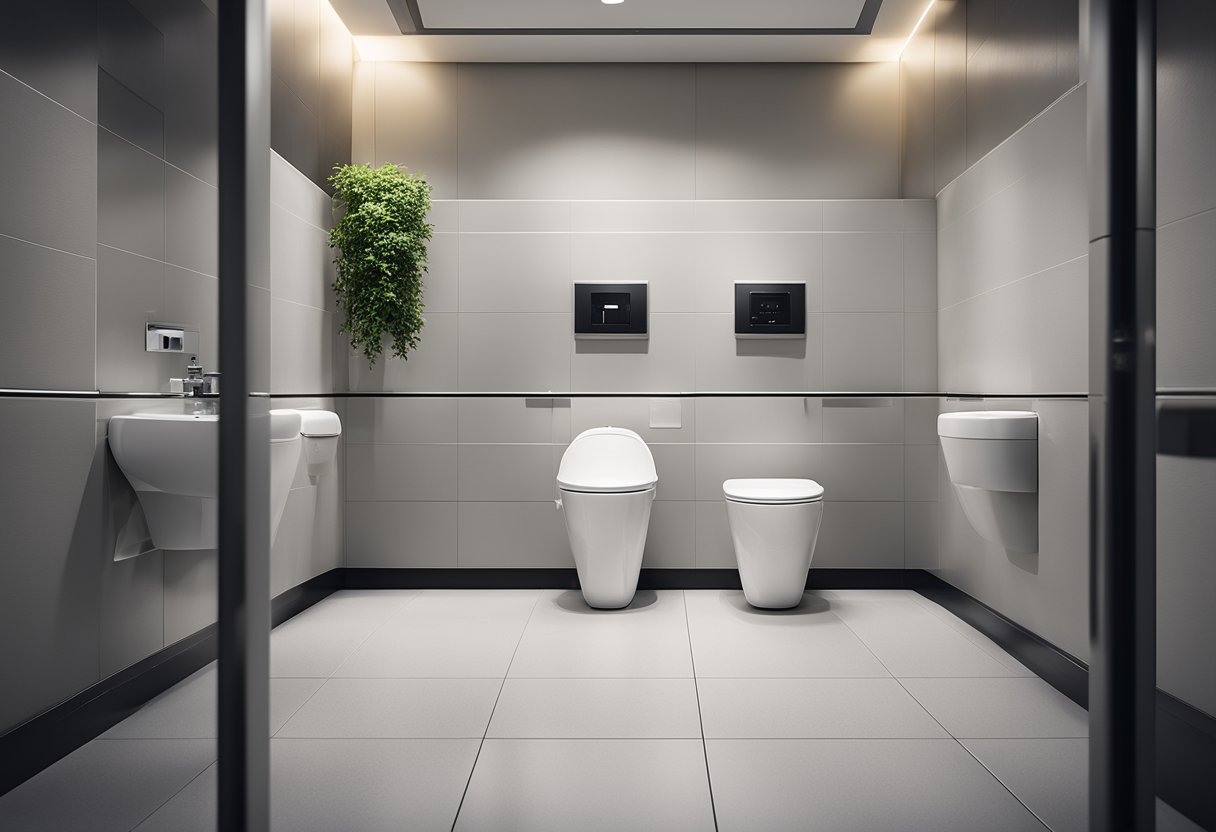 A modern, accessible toilet with grab bars, non-slip flooring, and raised toilet seats. Clear signage and ample space for maneuvering