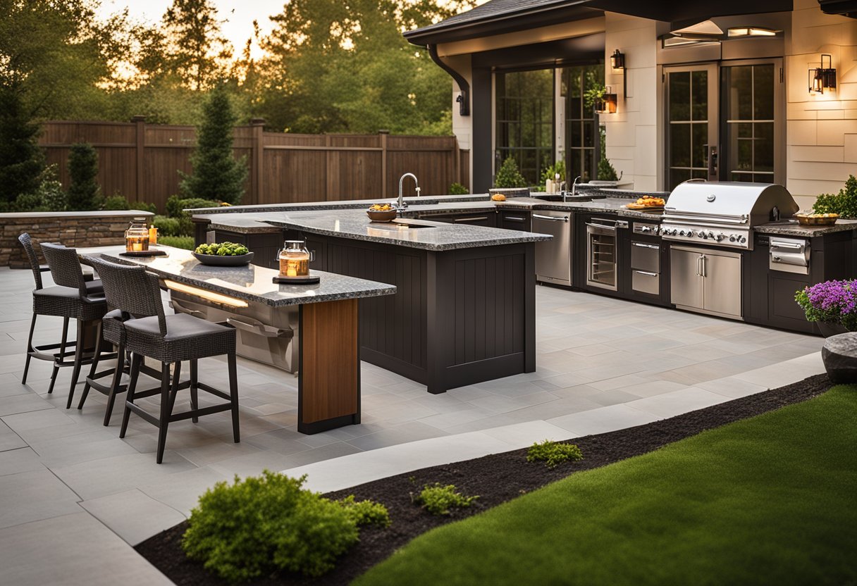 A spacious outdoor kitchen with a sleek, modern design. Stainless steel appliances, granite countertops, and a large island with bar seating. A cozy seating area with a fire pit and lush landscaping surrounding the space
