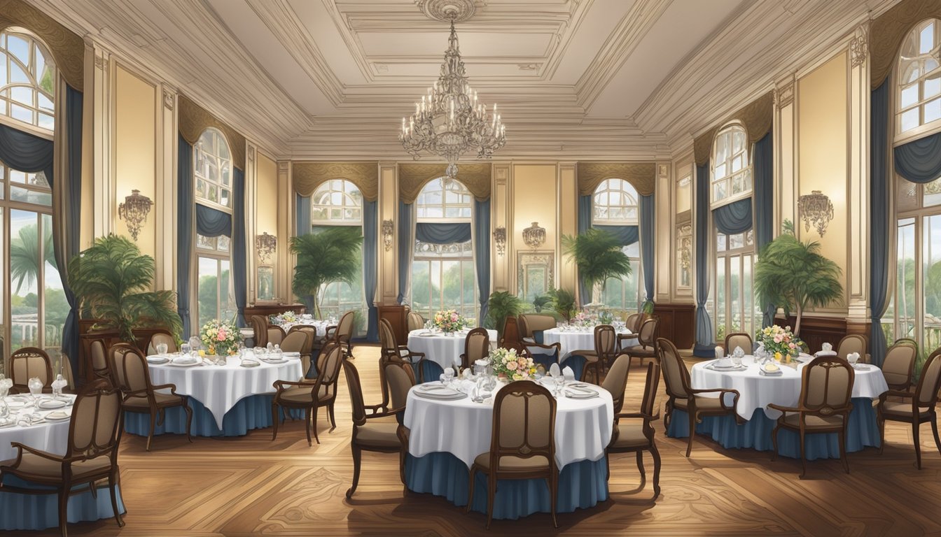 A grand dining room with colonial decor, ornate chandeliers, and tables set with fine china and silverware at the Gastronomic Heritage Raffles Hotel restaurant