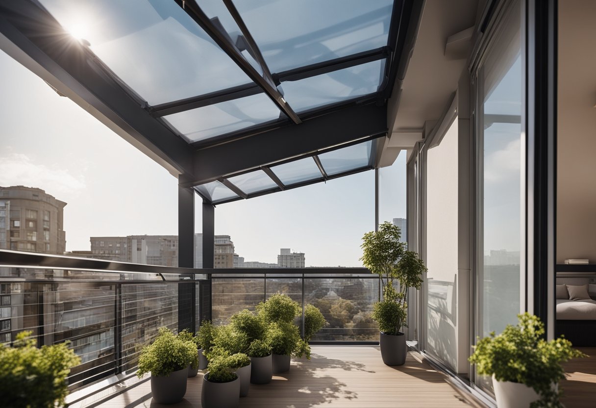 A sturdy, sloped roof covers a spacious balcony, with a clear, retractable cover for flexibility. The roof seamlessly integrates with the building's architecture